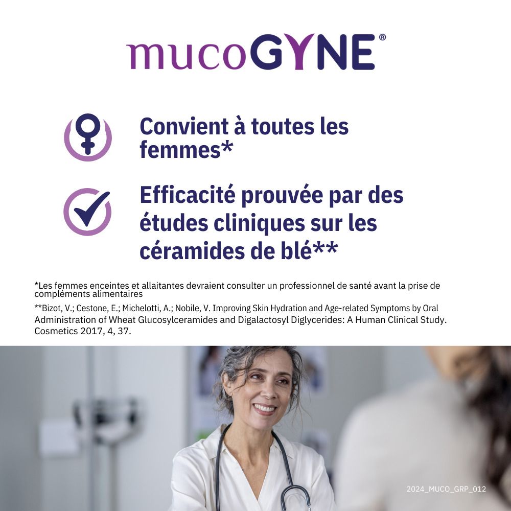 Boîte de gélules. Inscription: MUCOGYNE, Technologie ExceptionHYAL. Gélules à base d'acide hyaluronique.