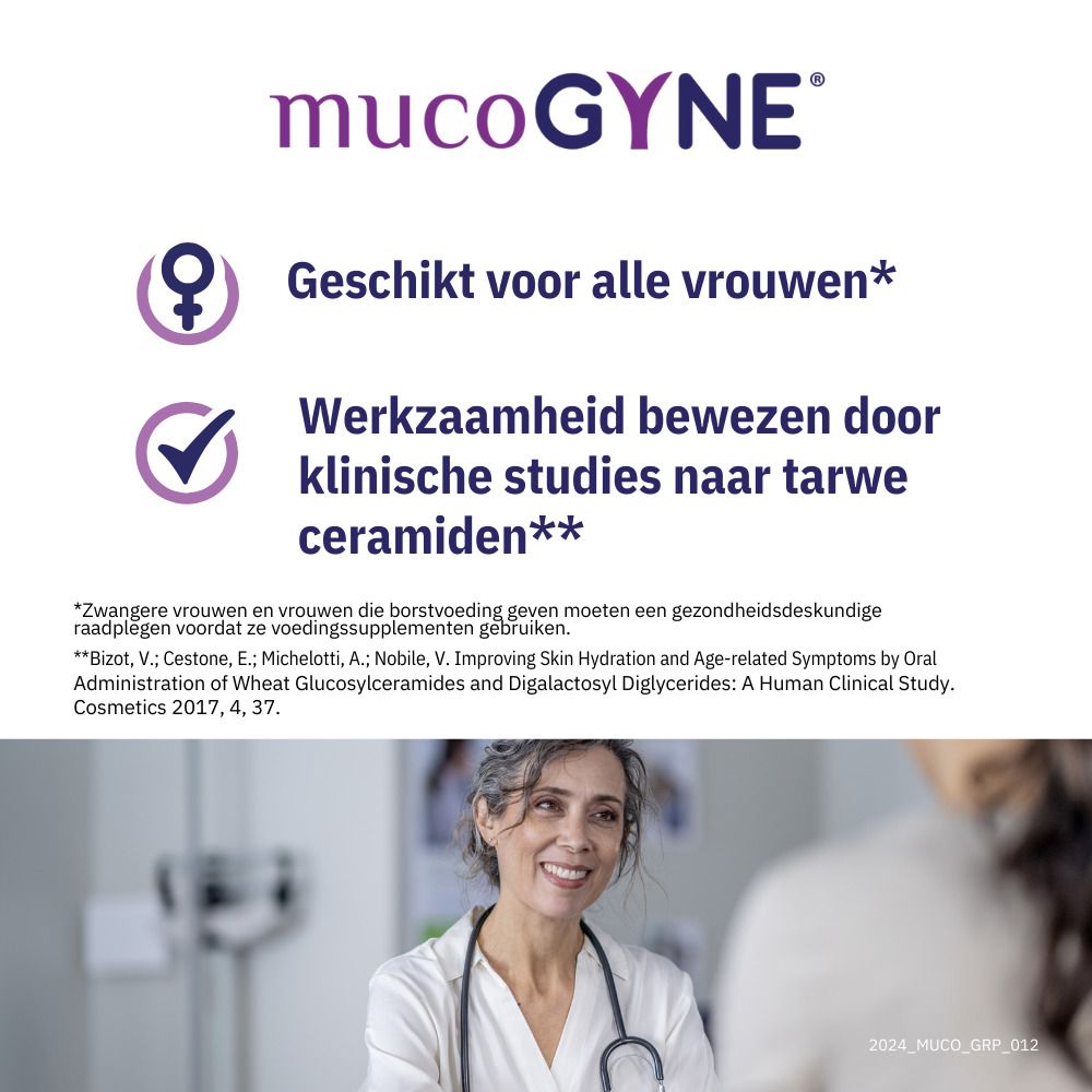 Doosje capsules. Opschrift: MUCOGYNE, Technologie ExceptionHYAL. Capsules op basis van hyaluronzuur.