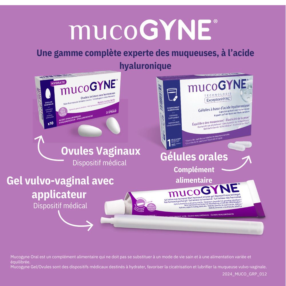 Boîte de gélules. Inscription: MUCOGYNE, Technologie ExceptionHYAL. Gélules à base d'acide hyaluronique.