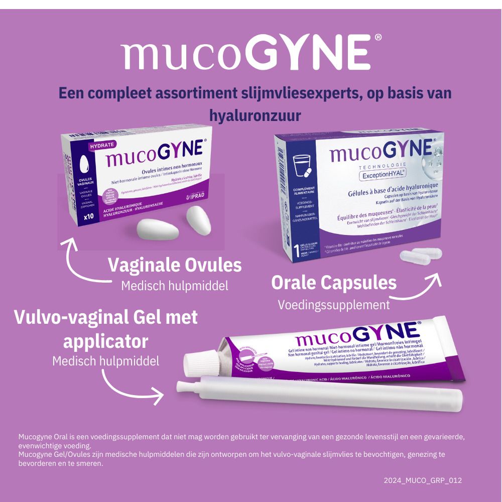 Doosje capsules. Opschrift: MUCOGYNE, Technologie ExceptionHYAL. Capsules op basis van hyaluronzuur.