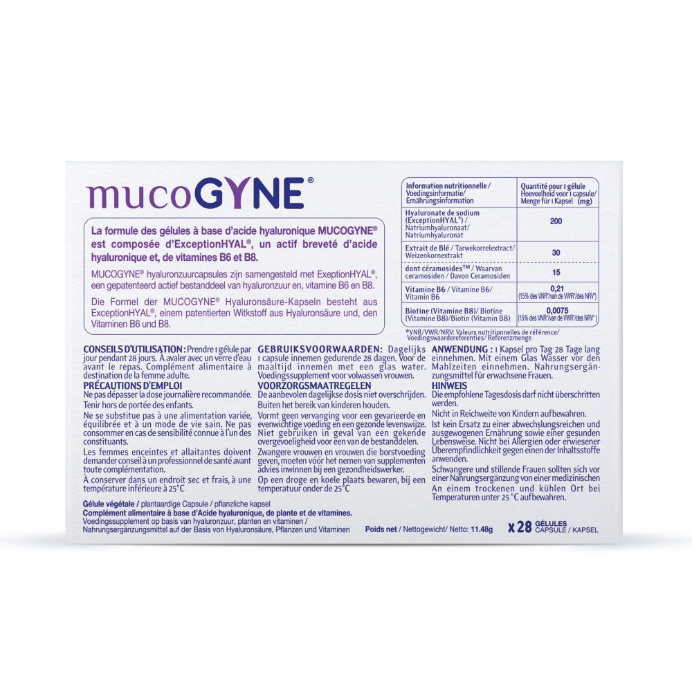 Doosje capsules. Opschrift: MUCOGYNE, Technologie ExceptionHYAL. Capsules op basis van hyaluronzuur.