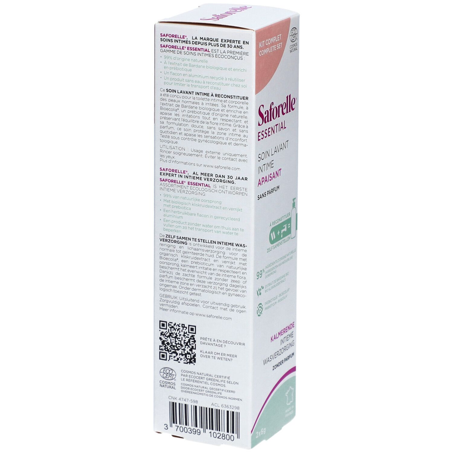 Saforelle Essential intimreinigungsprodukt-Set, Rückseite der Verpackung mit Produktinformationen.