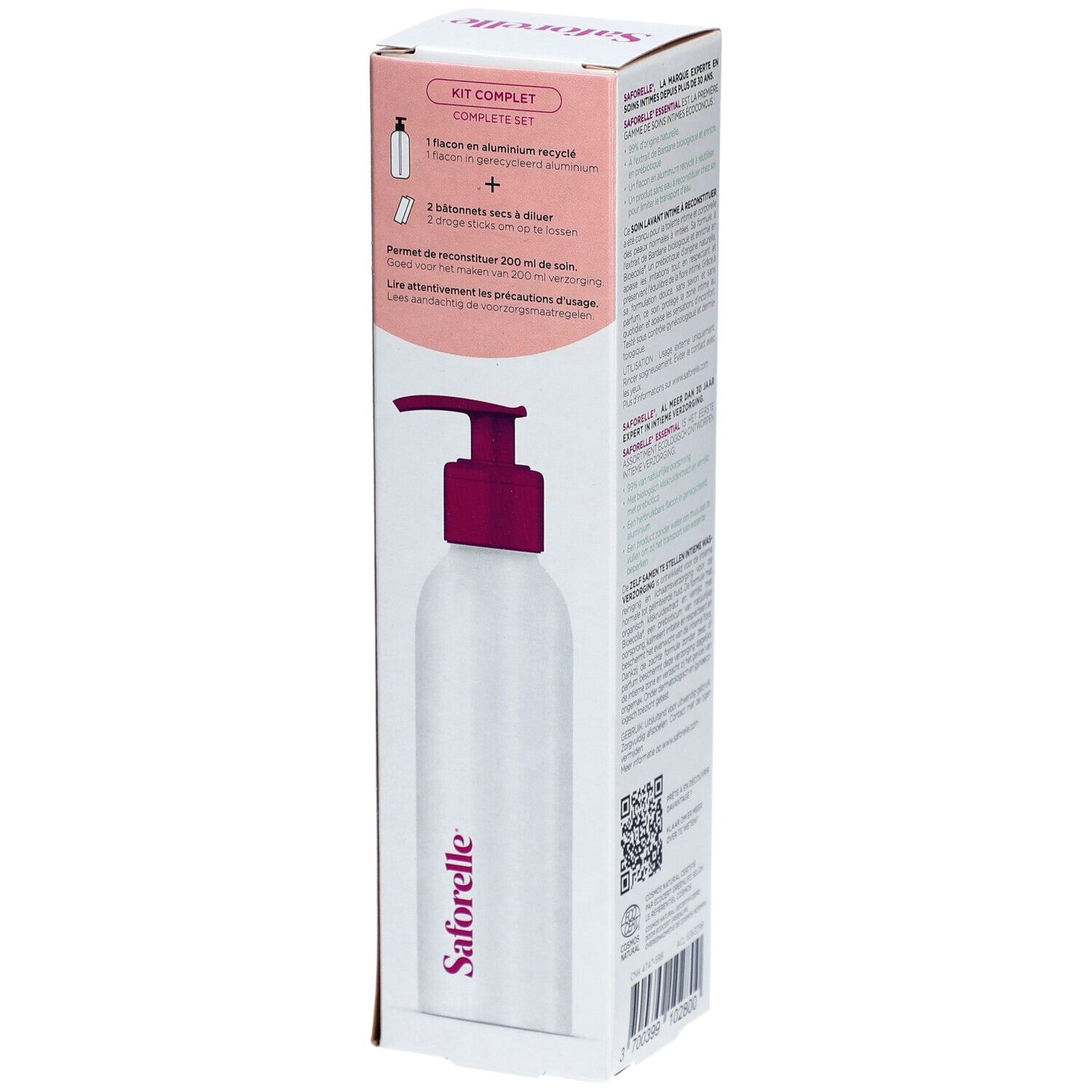 Saforelle Essential intimreinigungsprodukt-Set mit Spenderflasche, bereit zur Zubereitung.