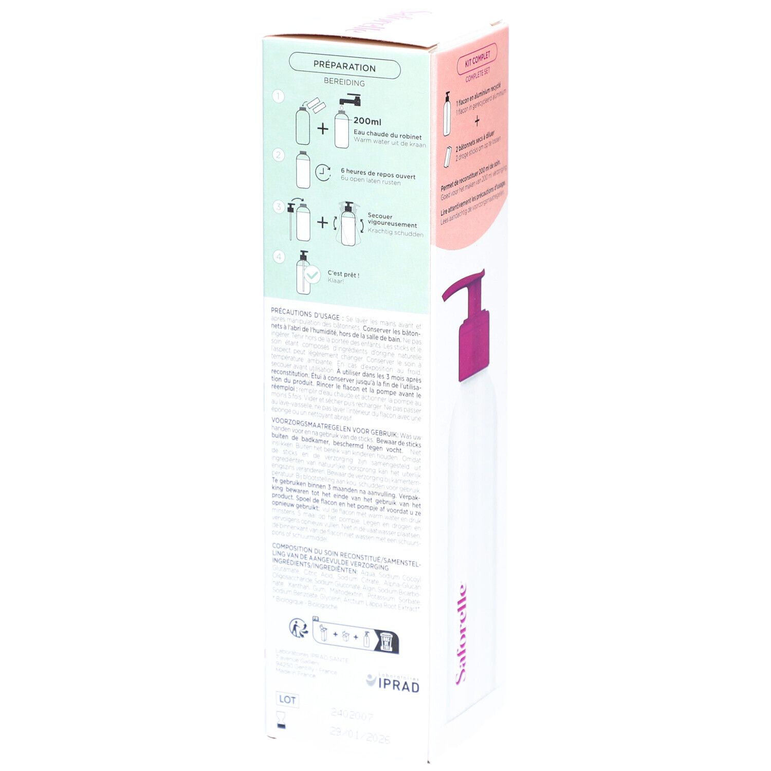 Saforelle Essential intimreinigungsprodukt-Set, Seite der Verpackung mit Zubereitungshinweisen.