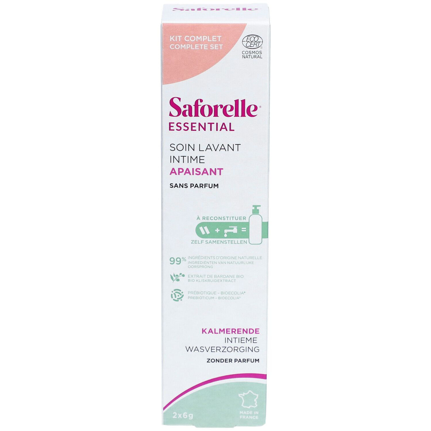 Saforelle Essential intimreinigungsprodukt-Set mit Spenderflasche und zwei Nachfüllpackungen.