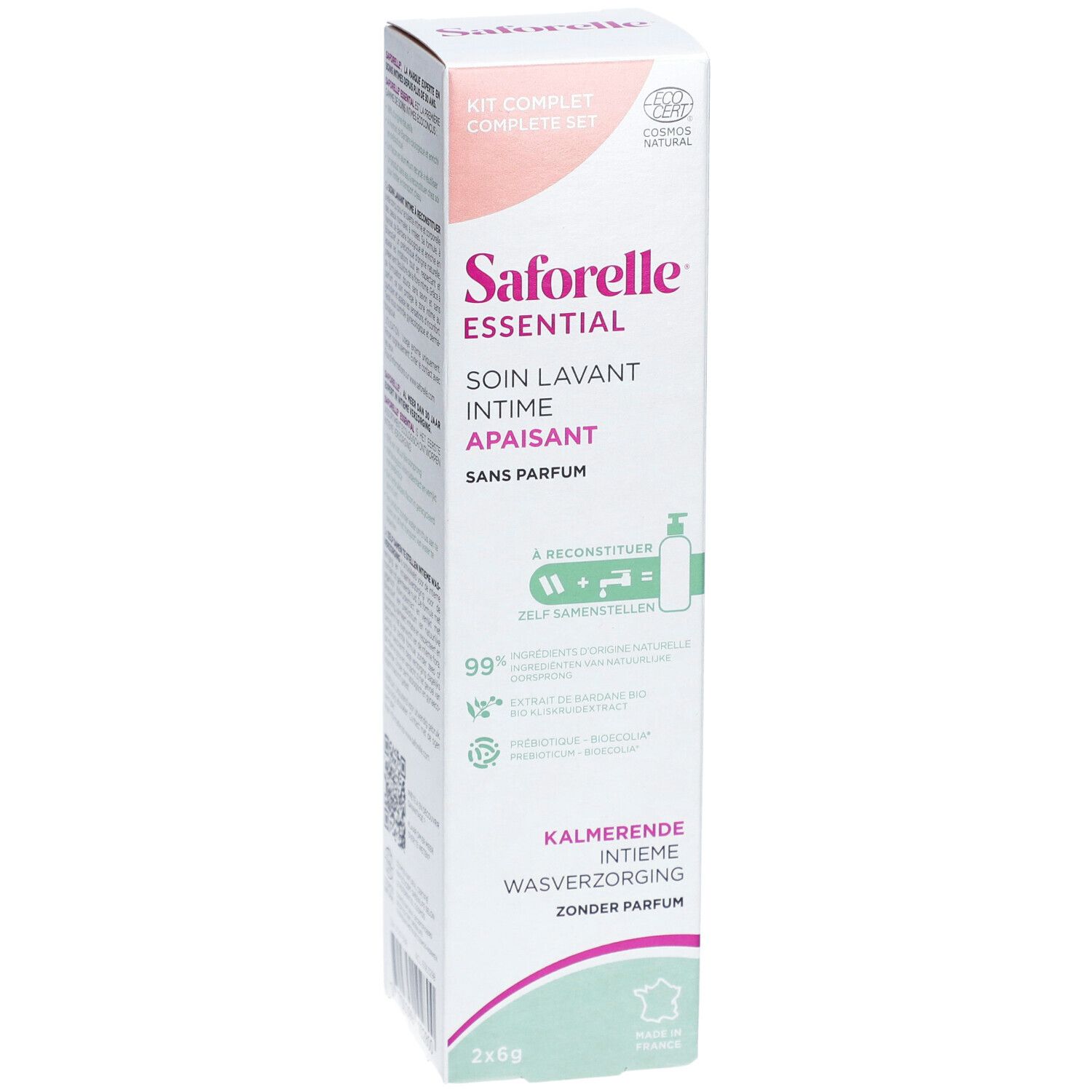 Saforelle Essential intimreinigungsprodukt-Set mit Spenderflasche und zwei Nachfüllpackungen.