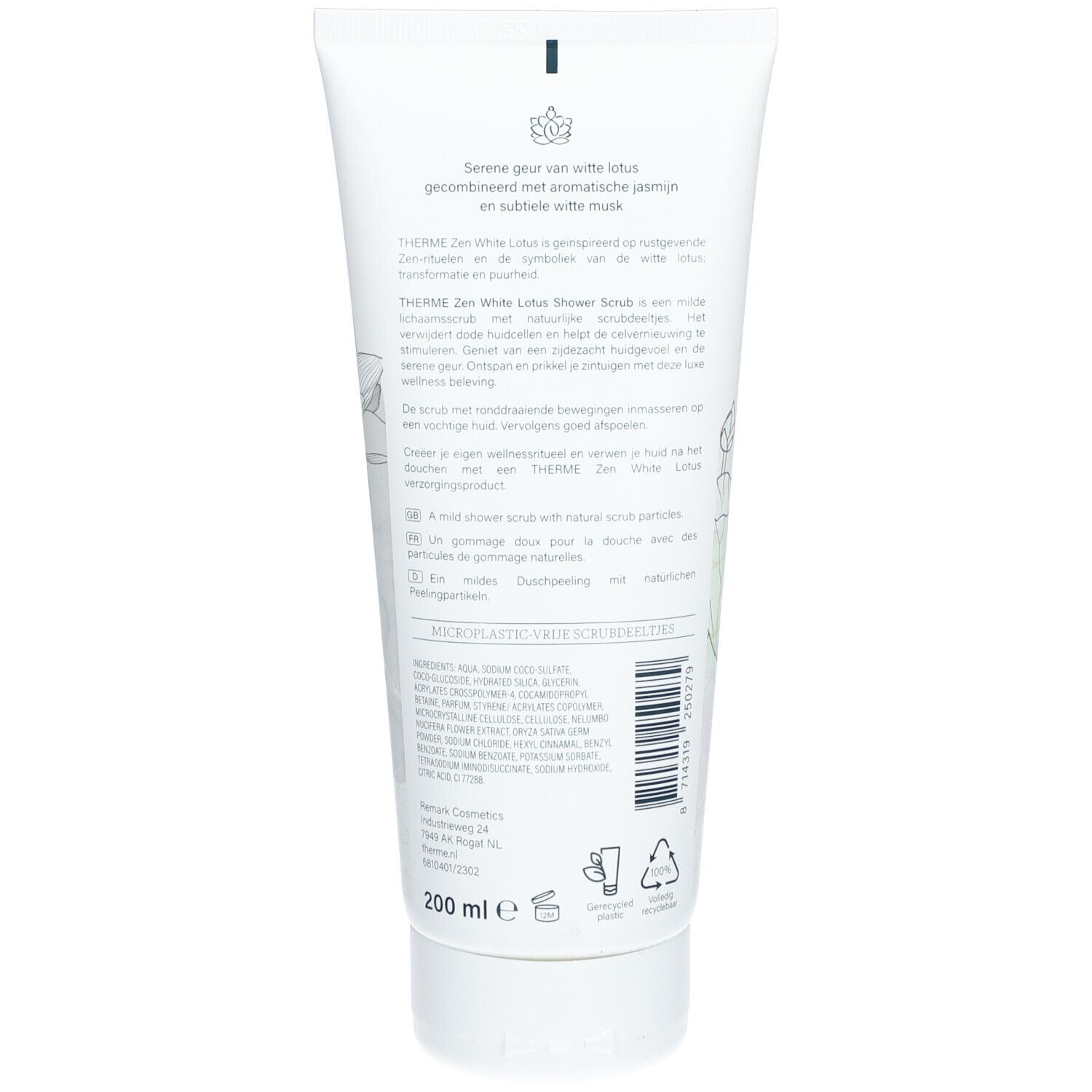 Rückseite einer weißen Tube. Text in mehreren Sprachen, darunter "THERME Zen White Lotus Shower Scrub". Inhaltsangaben und Recycling-Symbole.