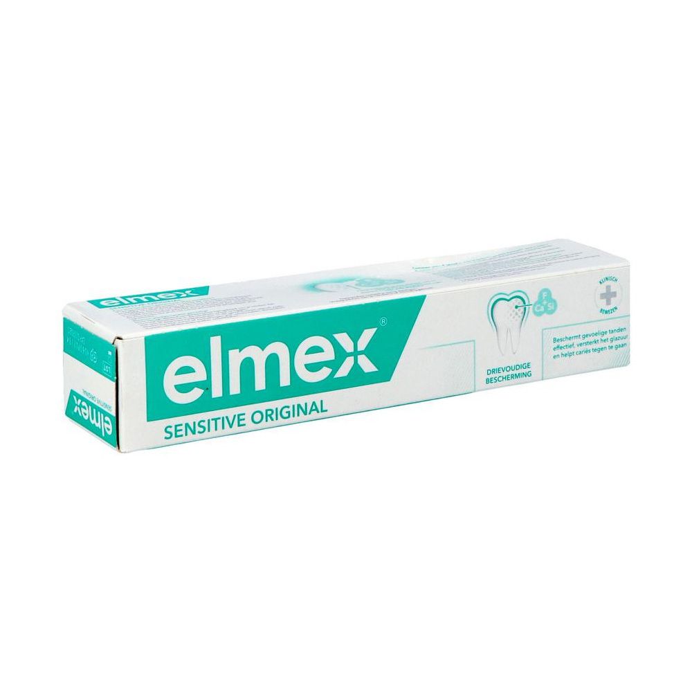 Emballage de dentifrice blanc et turquoise. Inscription: elmex Sensitive Original. Illustration d'une dent.