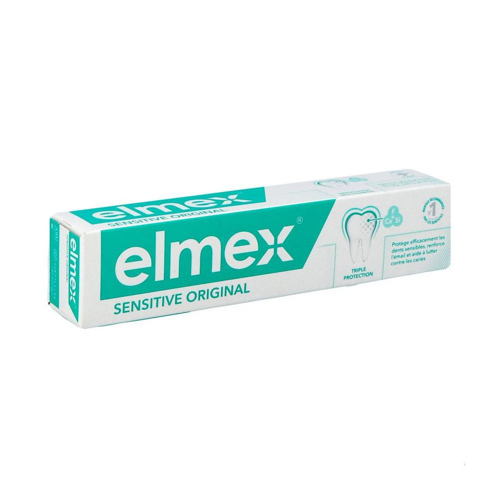 Emballage de dentifrice blanc et turquoise. Inscription: elmex Sensitive Original. Illustration d'une dent.