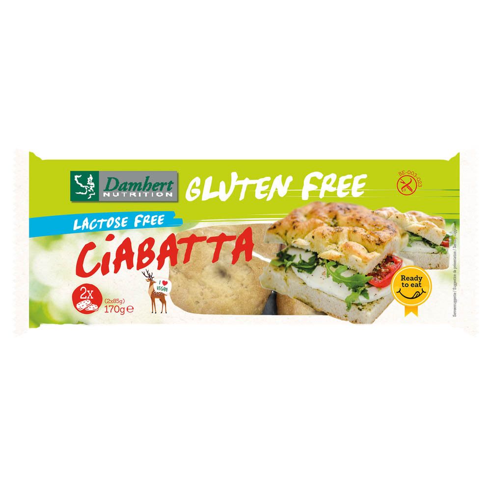 Paquet de Damhert Glutenfreies Ciabatta. Visible: 2 pains ciabatta, sans gluten, sans lactose. Emballage vert et blanc.
