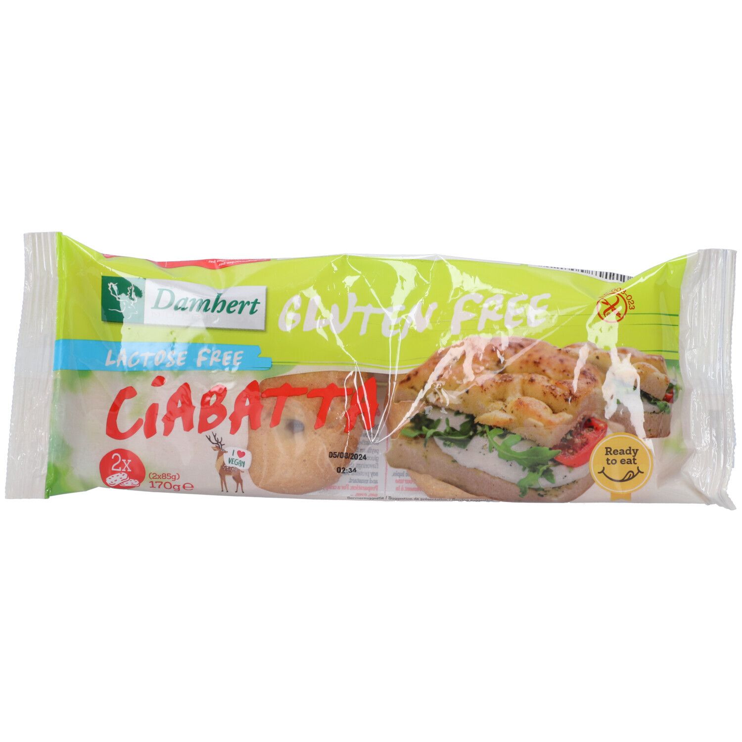 Paquet de Damhert Glutenfreies Ciabatta. Visible: 2 pains ciabatta, sans gluten, sans lactose. Emballage vert et blanc.