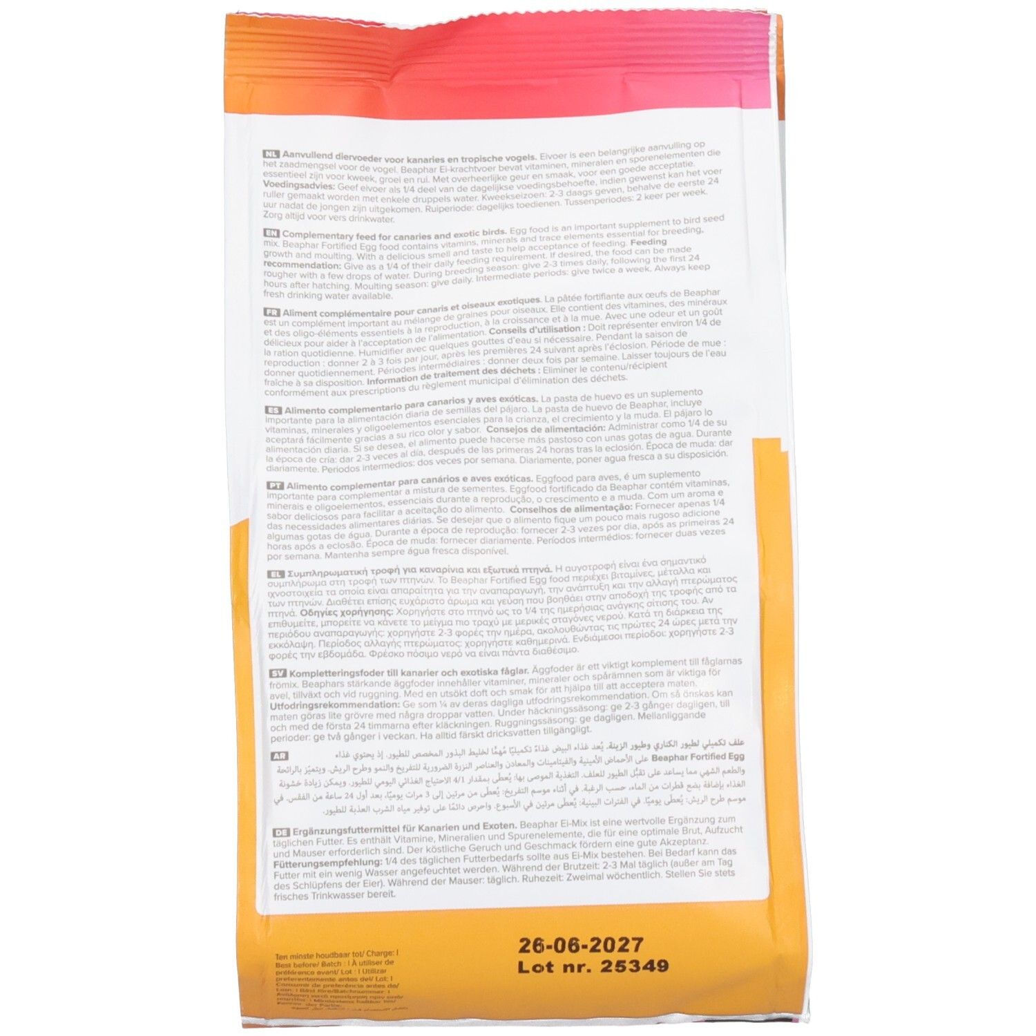 Rückseite der Ei-Mix-Verpackung. Text in mehreren Sprachen. Mindesthaltbarkeitsdatum: 26-06-2027.
