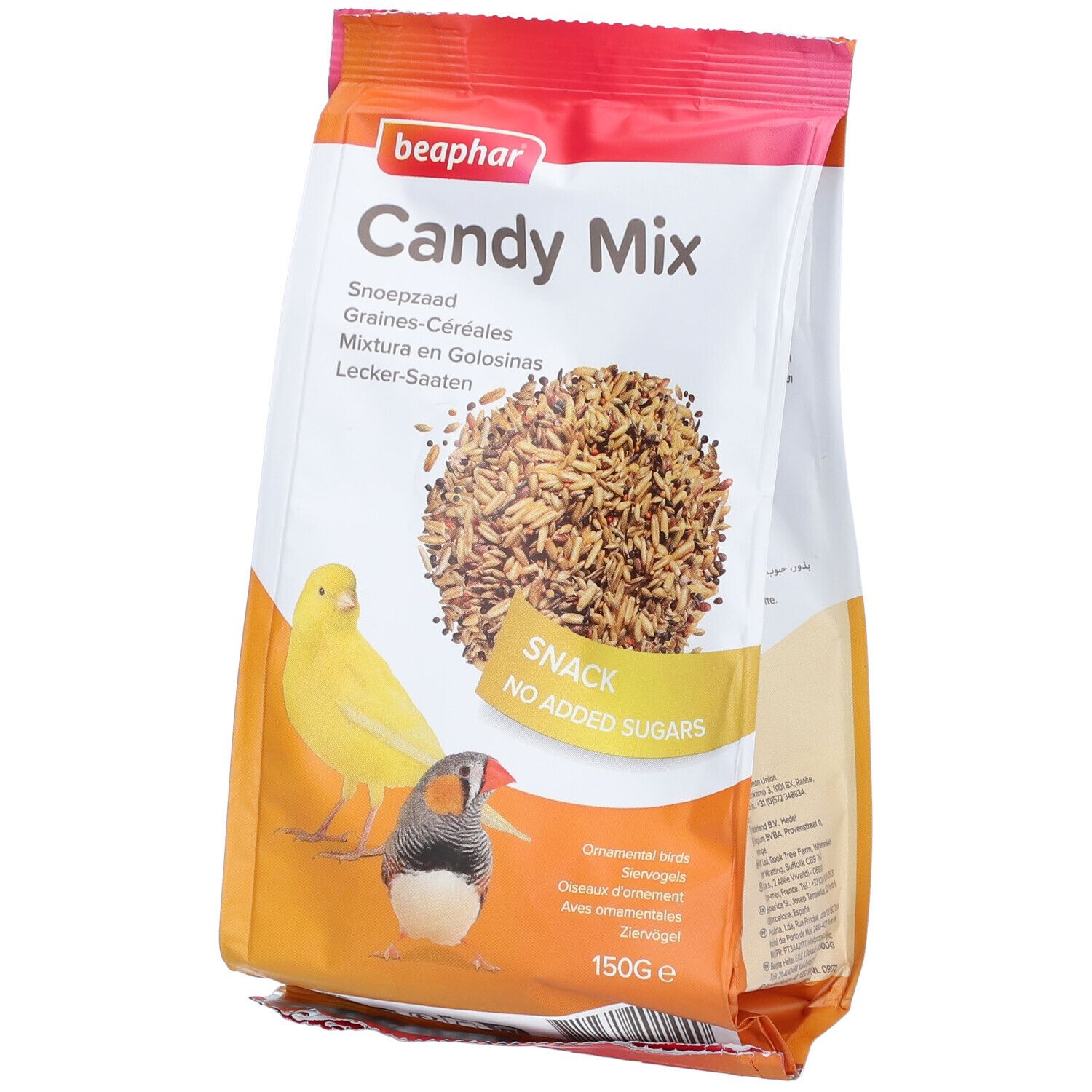Beaphar Candy Mix-Beutel. Aufdruck mit Produktnamen, Vogelabbildungen und Snack-Hinweis. Inhalt: Körner-Cerealien. Gewicht: 150g.
