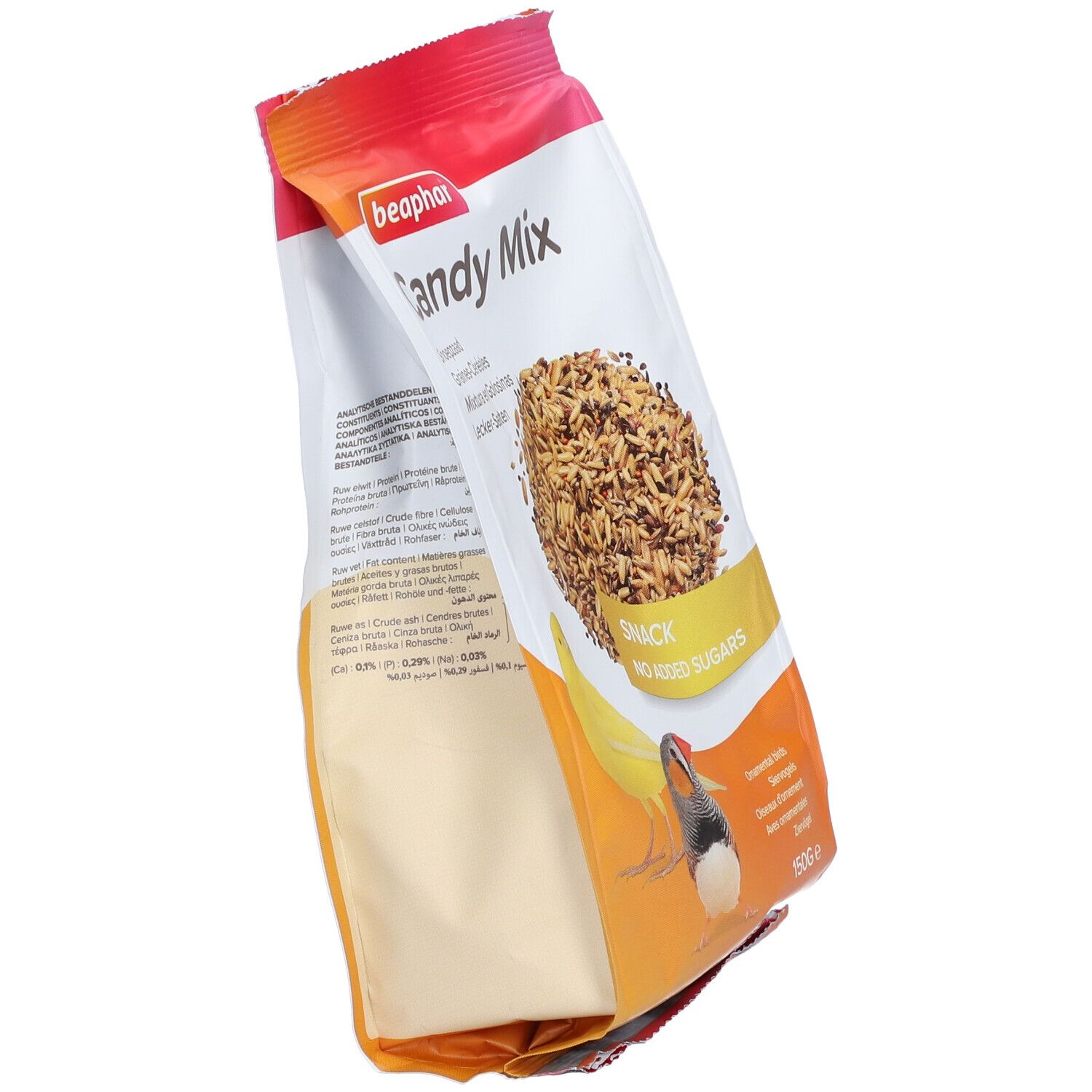 Beaphar Candy Mix-Beutel, schräg. Aufdruck mit Produktnamen, Vogelabbildung und Snack-Hinweis. Inhalt: Körner-Cerealien. Verpackung.