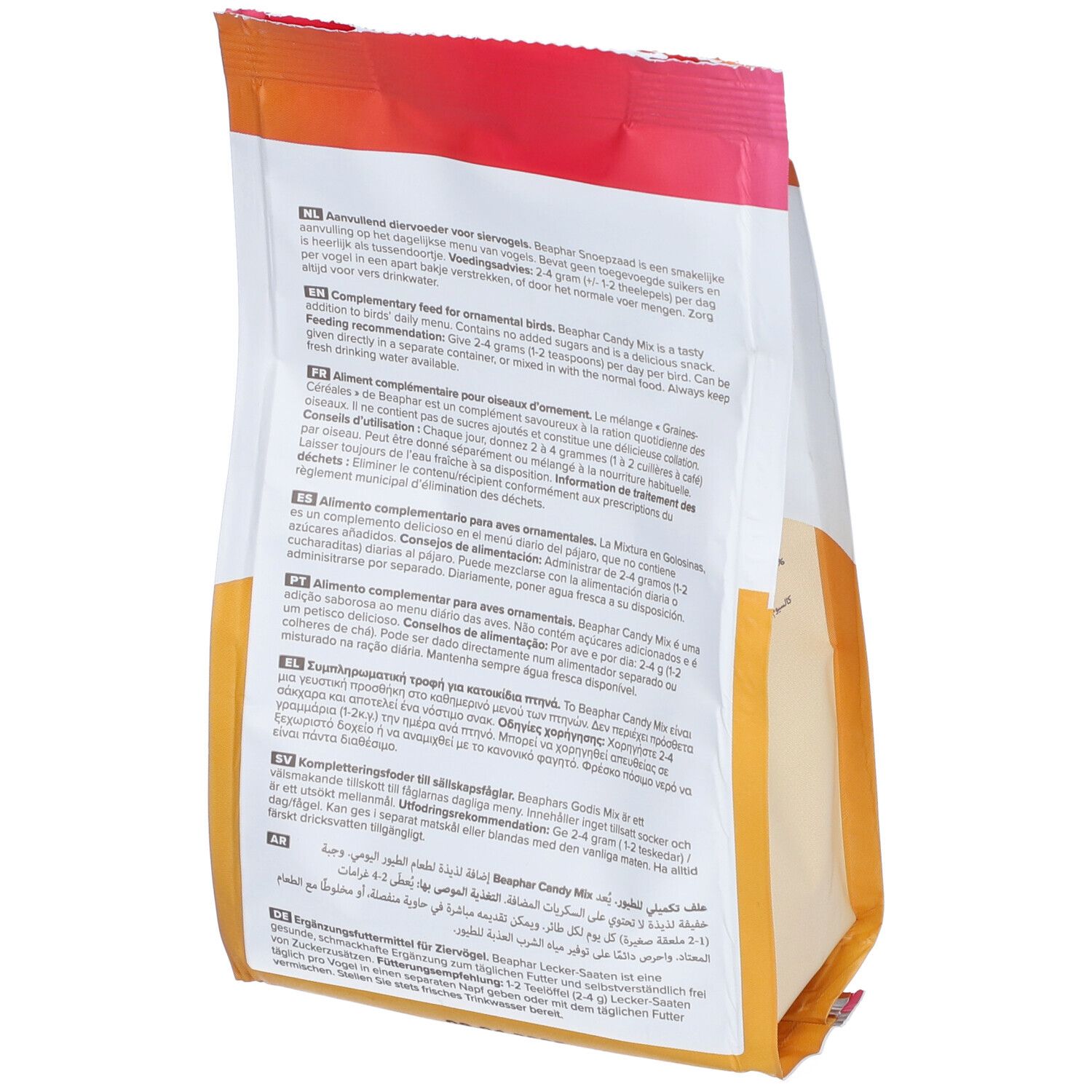 Rückseite des Beaphar Candy Mix-Beutels. Mehrsprachiger Text mit Fütterungsempfehlungen und Inhaltsangaben. Orangefarbener und roter Hintergrund.
