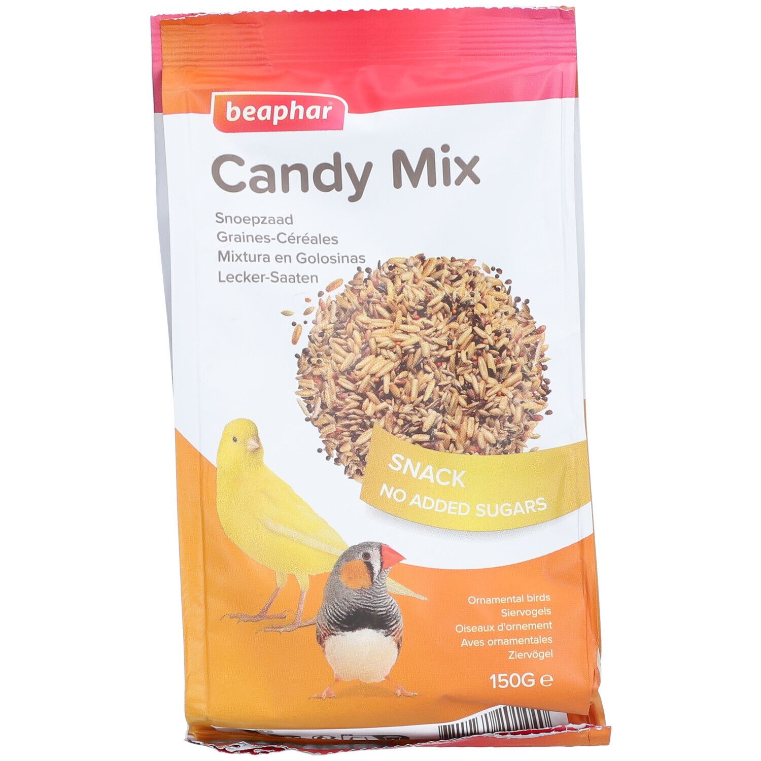 Beaphar Candy Mix-Beutel. Aufdruck mit Produktnamen, Vogelabbildungen und Snack-Hinweis. Inhalt: Körner-Cerealien. Gewicht: 150g.