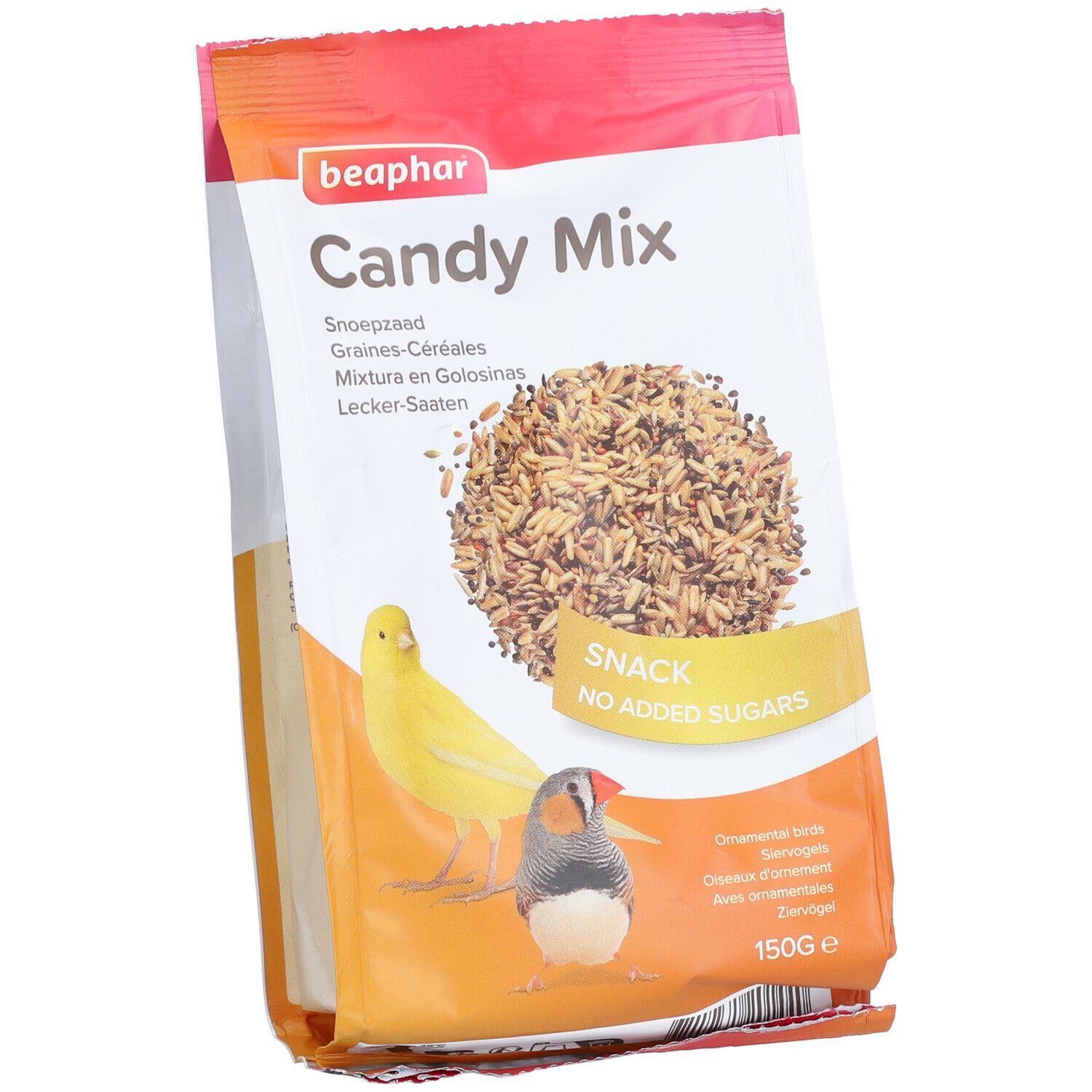 Beaphar Candy Mix-Beutel. Aufdruck mit Produktnamen, Vogelabbildungen und Snack-Hinweis. Inhalt: Körner-Cerealien. Gewicht: 150g.