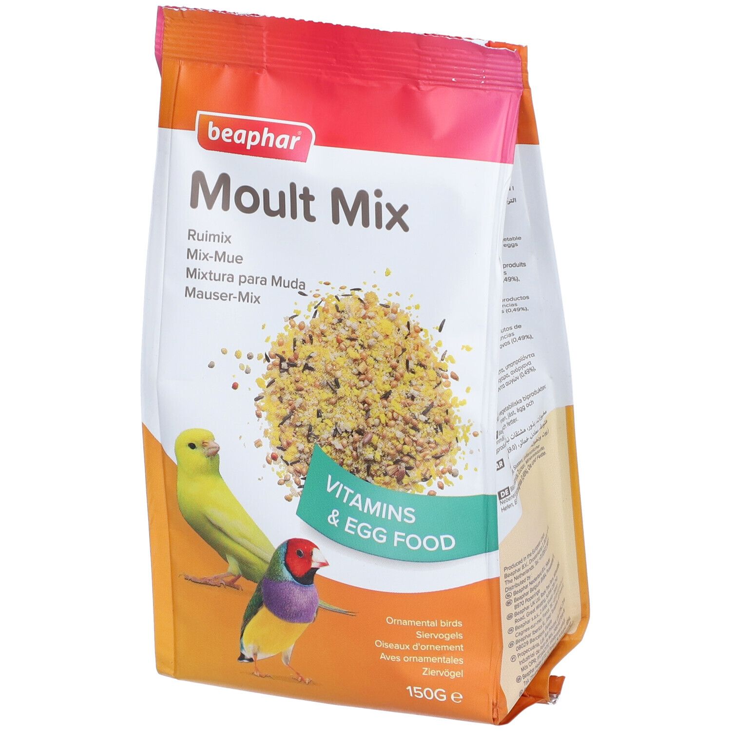 Beutel mit Vogelfutter. Aufschrift "Moul Mix" und "Vitamins & Egg Food". Abbildung von Vögeln.
