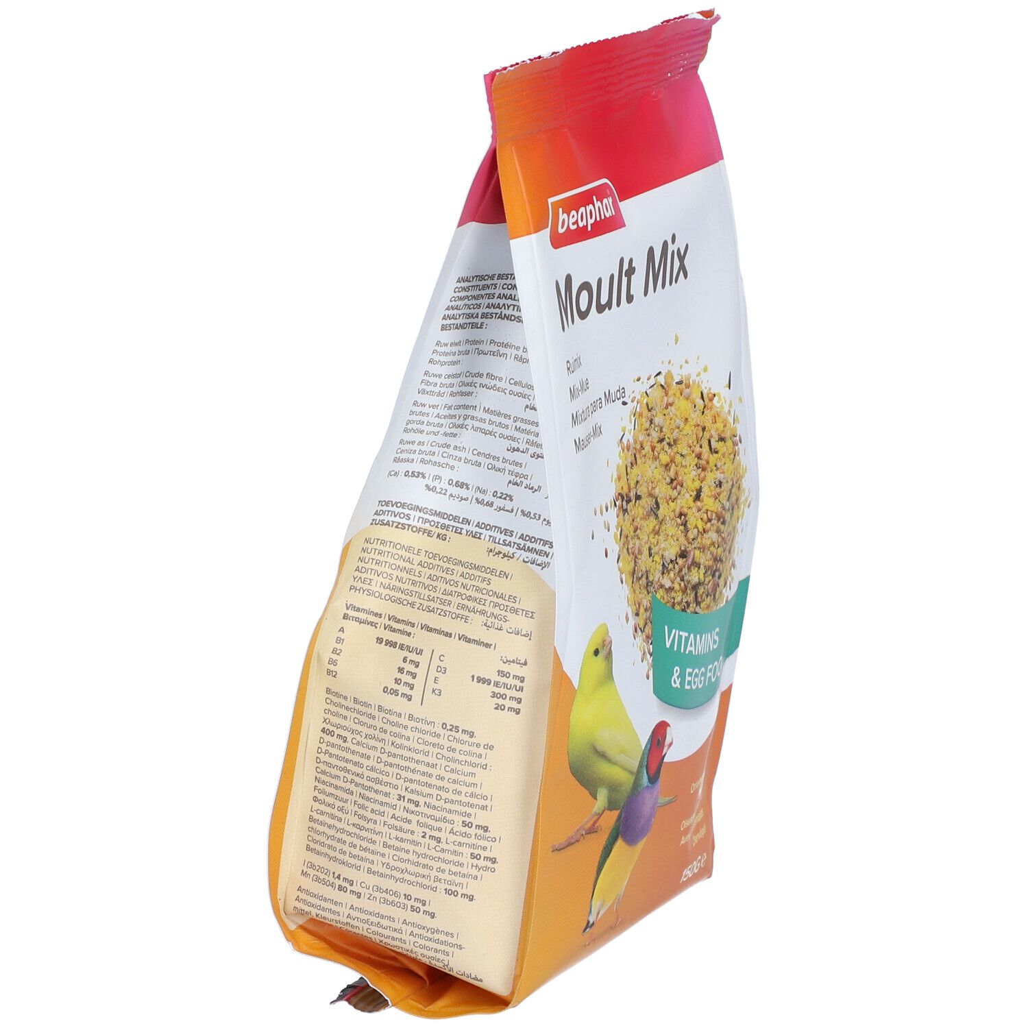 Vogelfutter-Beutel, teilweise geöffnet. Aufschrift "Moul Mix" und "Vitamins & Egg Food".