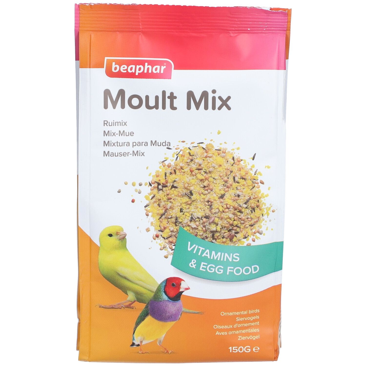 Vogelfutter-Beutel mit Aufschrift "Moul Mix" und "Vitamins & Egg Food". Abbildung von Vögeln.