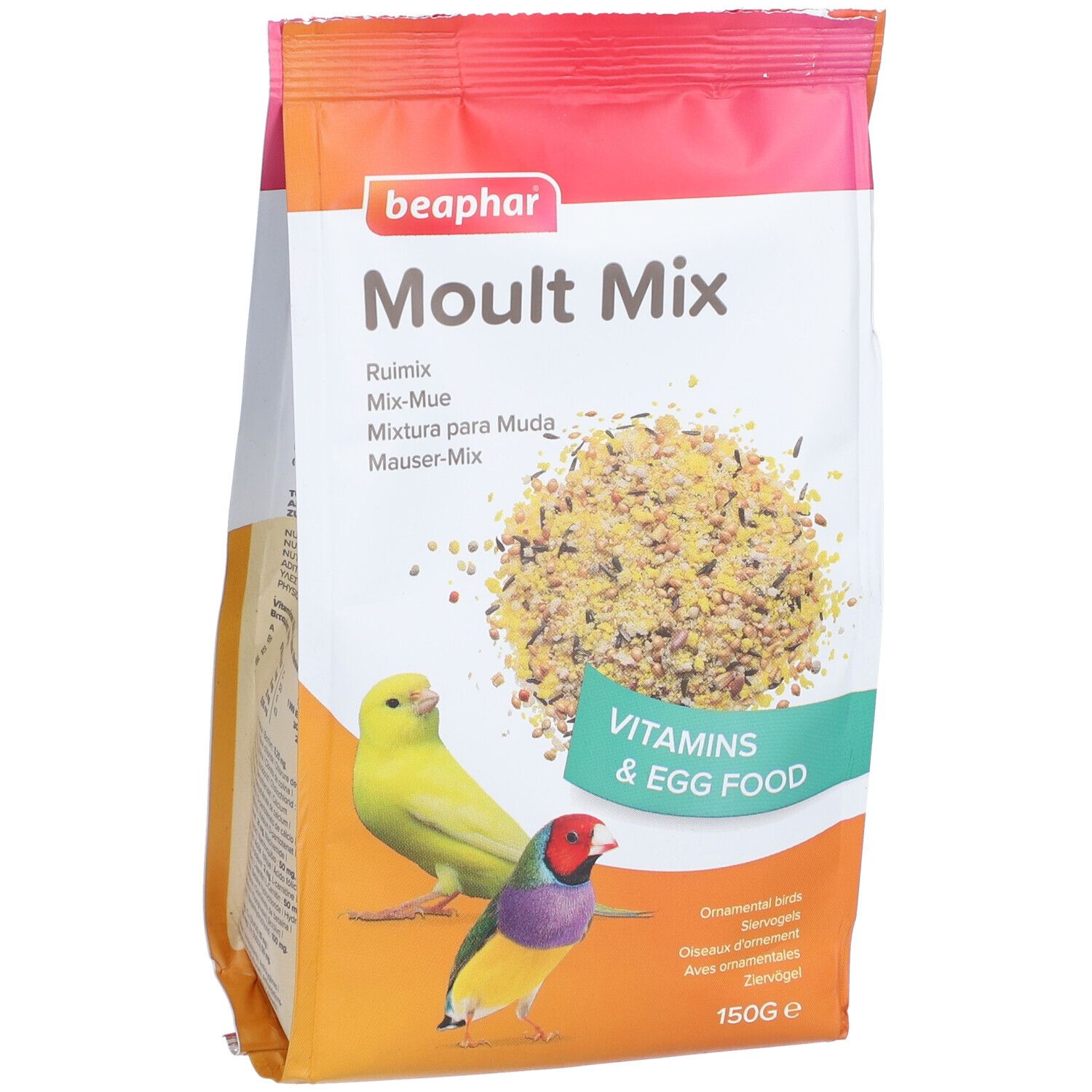 Vogelfutter-Beutel mit Aufschrift "Moul Mix" und "Vitamins & Egg Food". Abbildung von Vögeln.