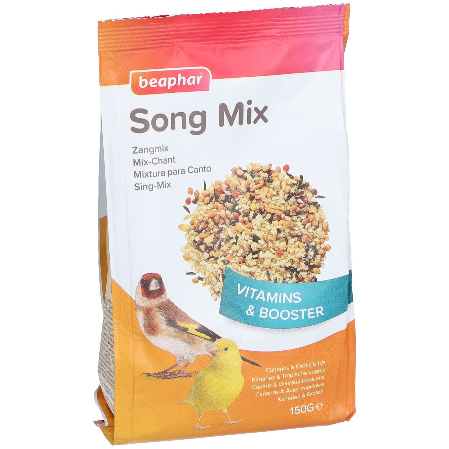 Paquet de Beaphar Song Mix. Inscriptions : Zangmix, Mix-Chant, Mixura para Canto, Sing-Mix. Illustration d'oiseaux et de nourriture.