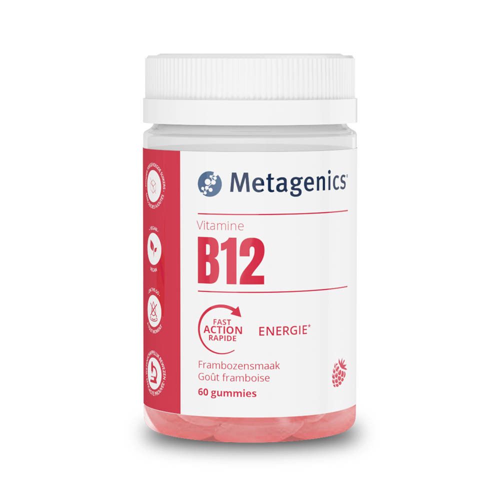 Flacon de Vitamine B12 Metagenics. Inscription : B12, Energie, 60 gommes. Gommes rouges visibles.