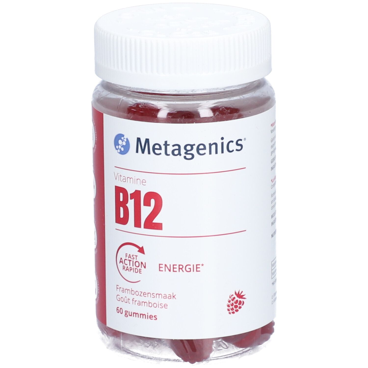 Flacon de Vitamine B12 Metagenics. Gommes rouges. Inscription : B12, Energie, 60 gommes.