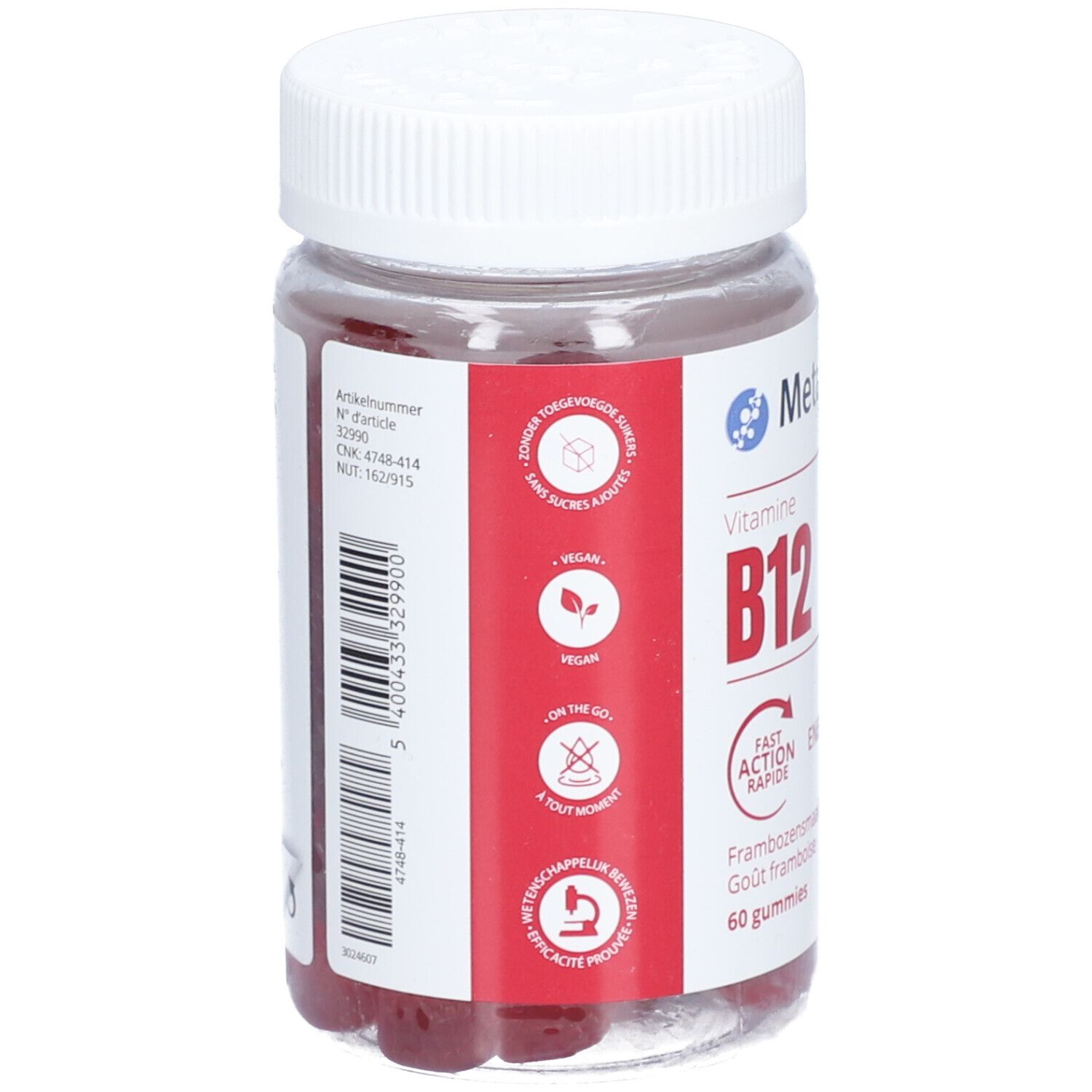 Dos du flacon de Vitamine B12. Inscription : B12, Energie, 60 gommes. Contient des informations et logos.