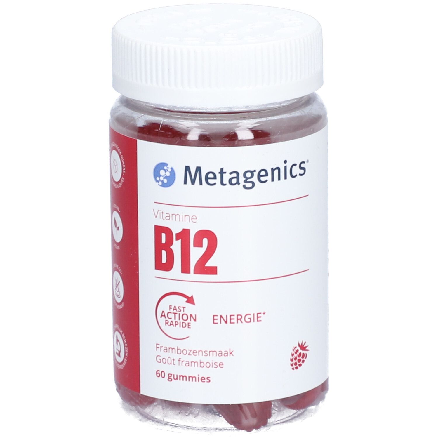 Flacon de Vitamine B12 Metagenics. Gommes rouges visibles. Inscription : B12, Energie, 60 gommes.