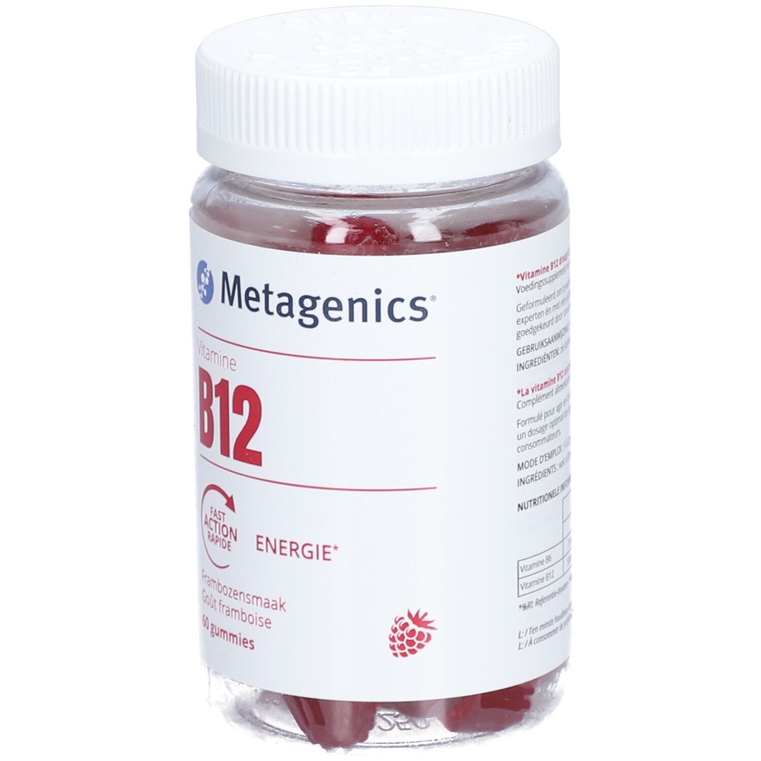 Flacon de Vitamine B12 Metagenics. Gommes rouges visibles. Inscription : B12, Energie, 60 gommes.