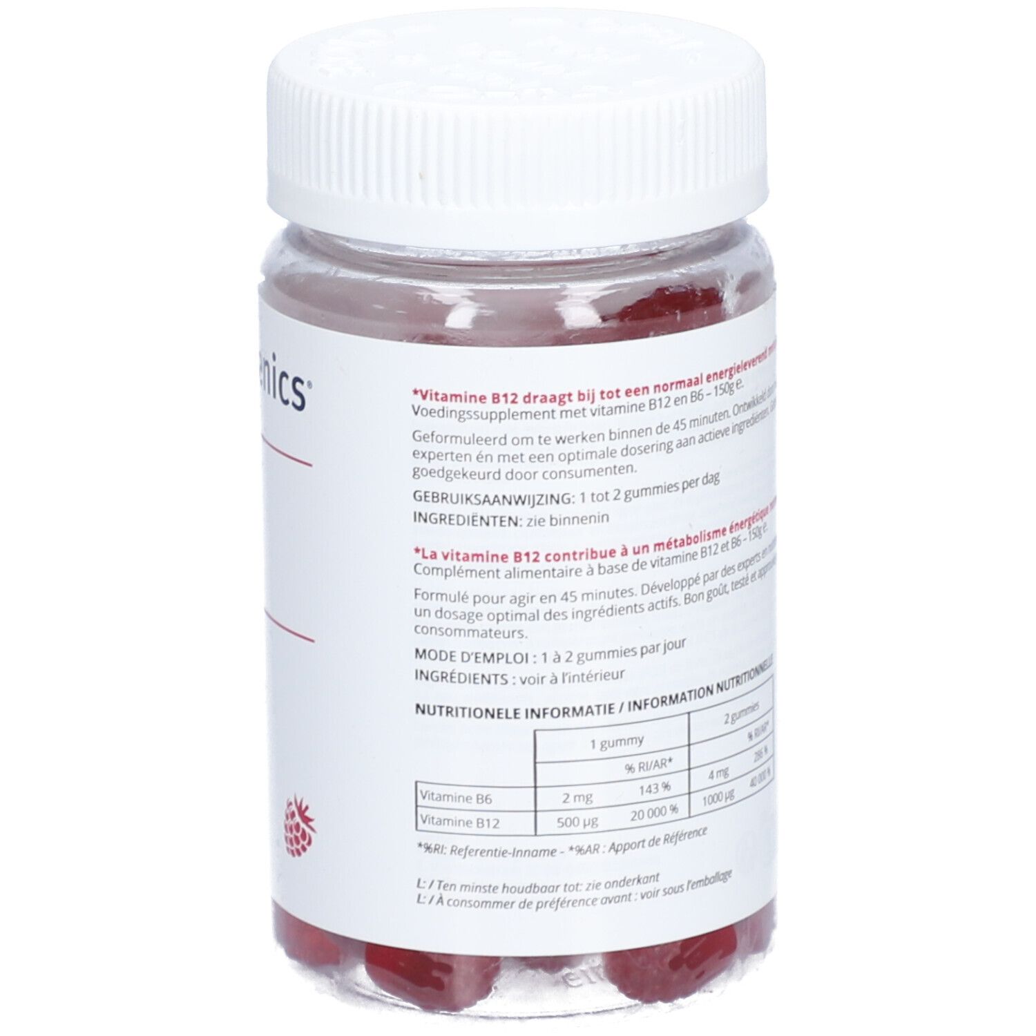 Dos du flacon de Vitamine B12. Contient des informations nutritionnelles. Gommes rouges visibles.