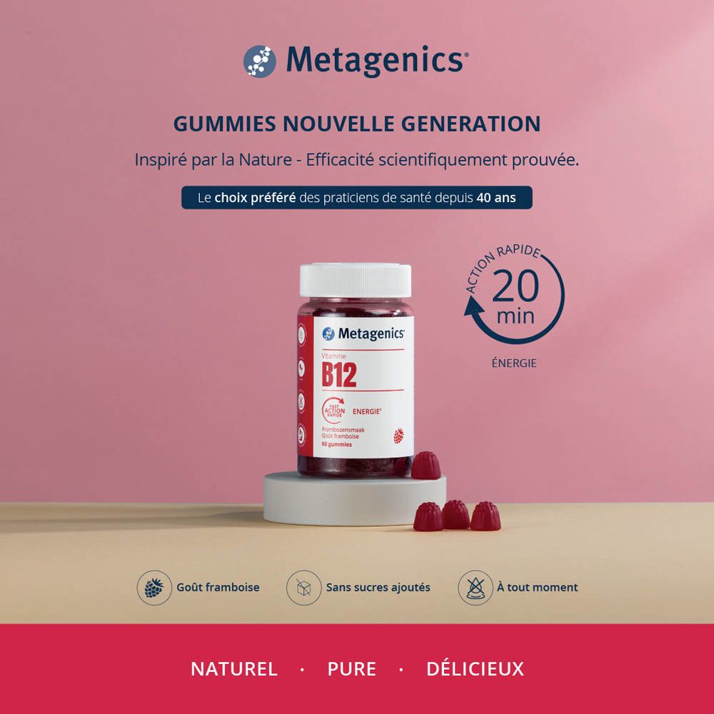 Publicité avec flacon de Vitamine B12 et gommes. Inscription : B12, Energie. Fond bleu.