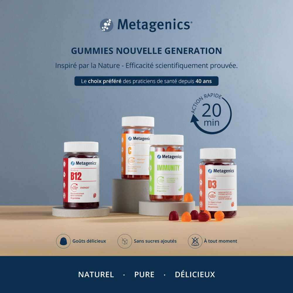 Publicité avec plusieurs flacons. Vitamine B12, C, Immunité et D3. Fond bleu.
