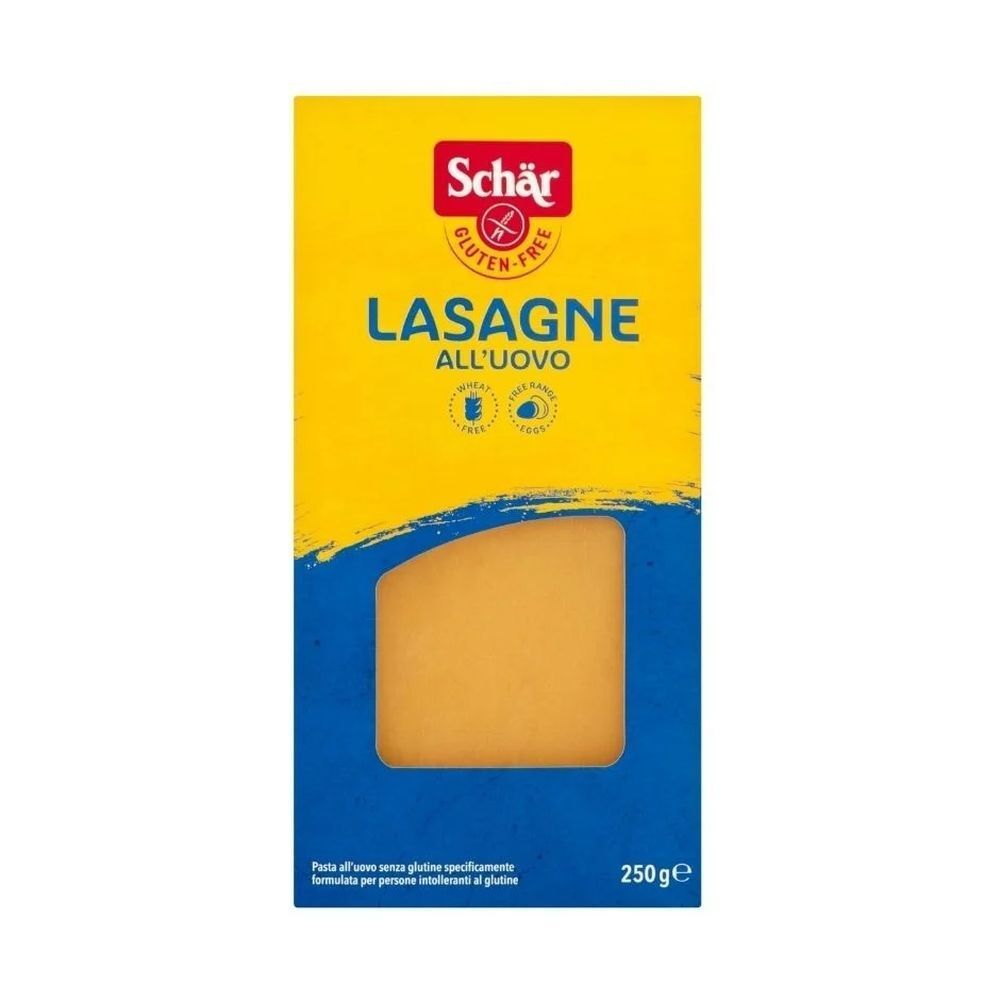 Emballage jaune avec logo Schär et inscription Lasagne all'uovo. Sans gluten. 250g.