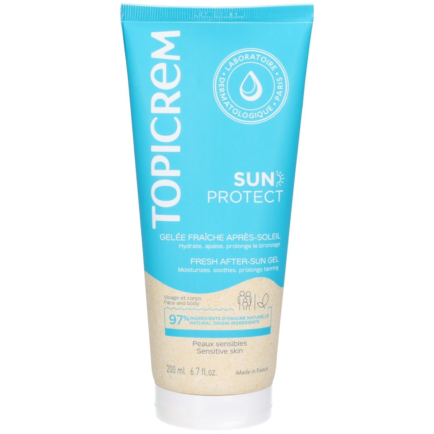 Topicrem Sun Protect Gelée Après-Soleil Fraîche Tube. 97% natürliche Inhaltsstoffe. Für empfindliche Haut.