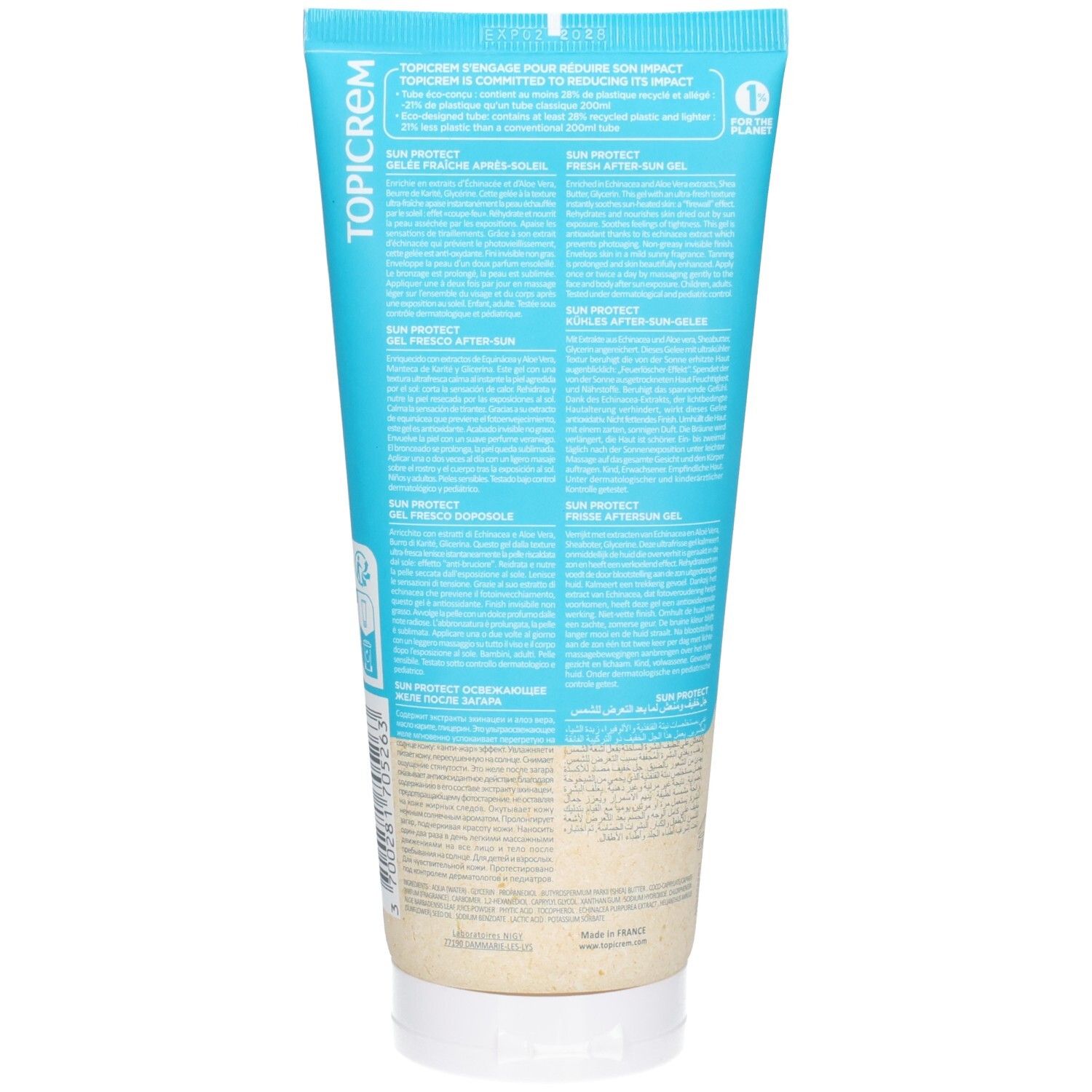Rückseite des Topicrem Sun Protect Gelée Après-Soleil Fraîche Tubs mit Anwendungshinweisen.