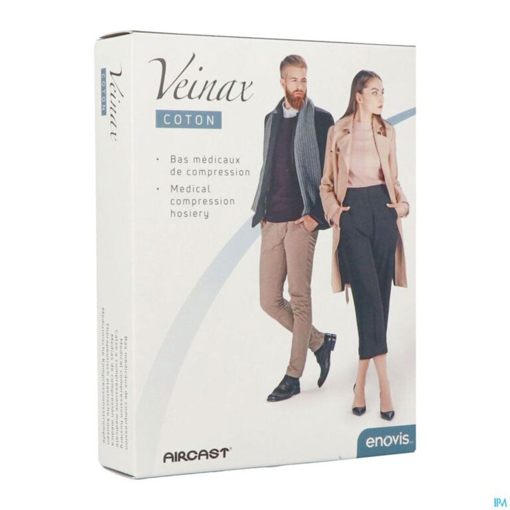Verpackung mit medizinischen Kompressionsstrümpfen. Marke Veinax, Baumwolle. Abgebildet sind eine Frau und ein Mann.