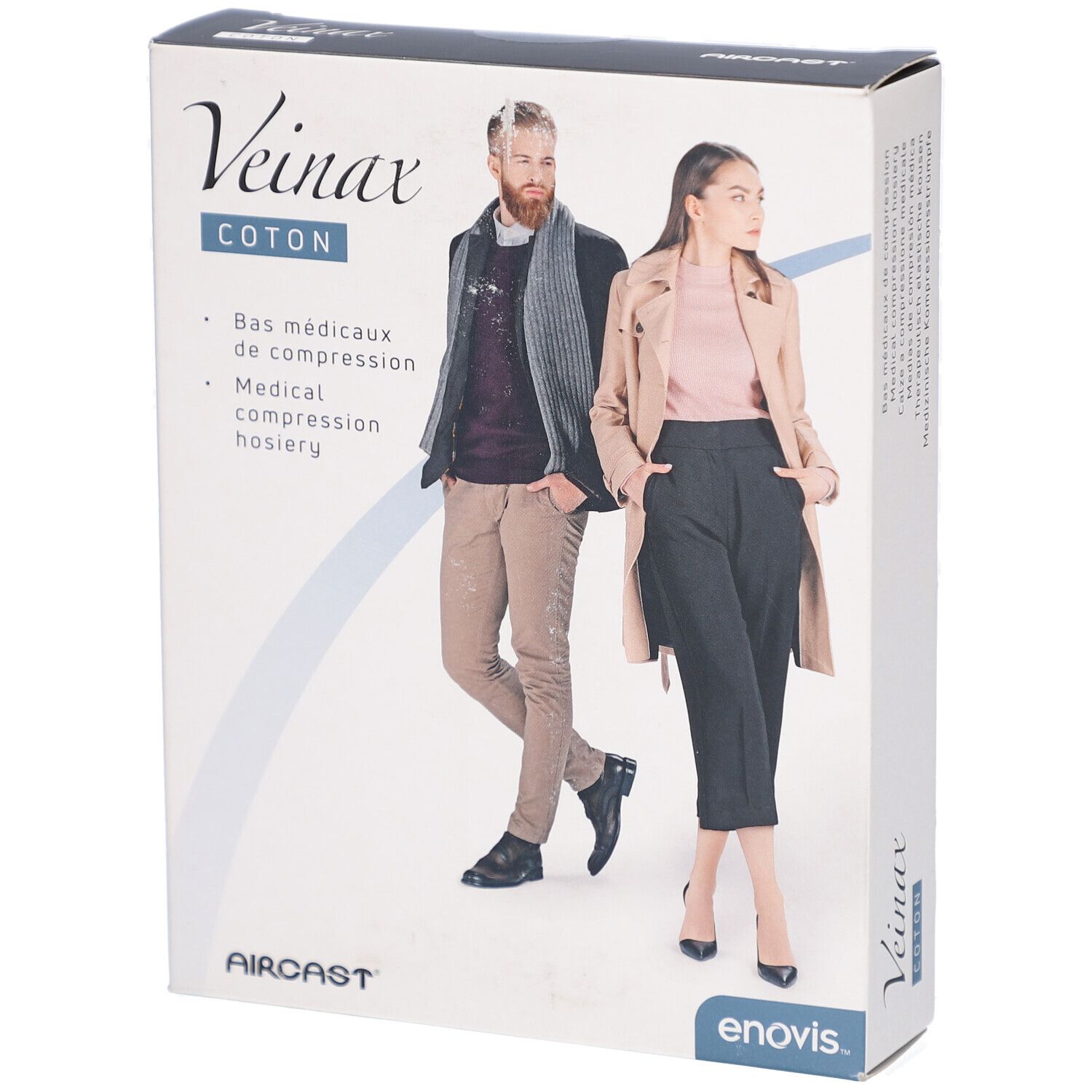Verpackung von Veinax Mi-bas de compression médicaux Femme Coton. Abbildung von Mann und Frau. Marke: AirCast, enovis.