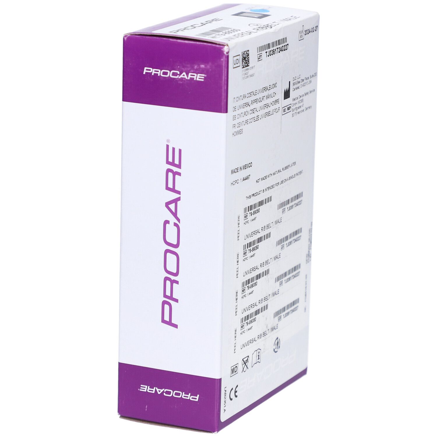 PROCARE-Verpackung. Weiß und lila. Text: PROCARE, Universal Rib Belt/Male.