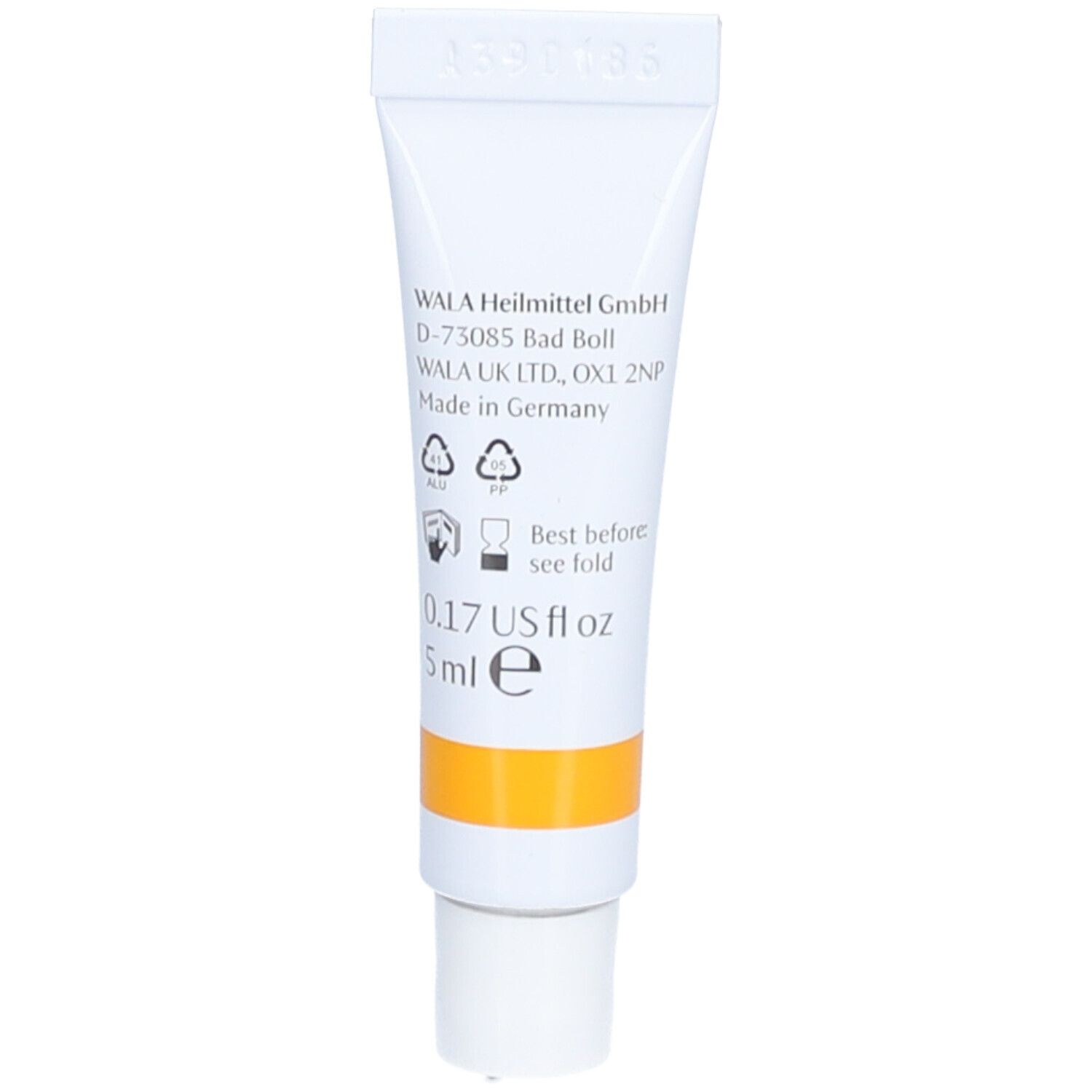 Rückseite der Tube. Angaben zu Hersteller, Inhalt 5ml, Warnhinweise und Recycling-Symbole.