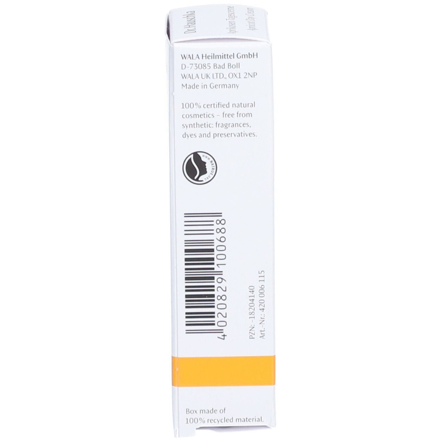 Seite der Schachtel. Aufschrift: WALA Heilmittel GmbH, 100% zertifizierte Naturkosmetik, Barcode.
