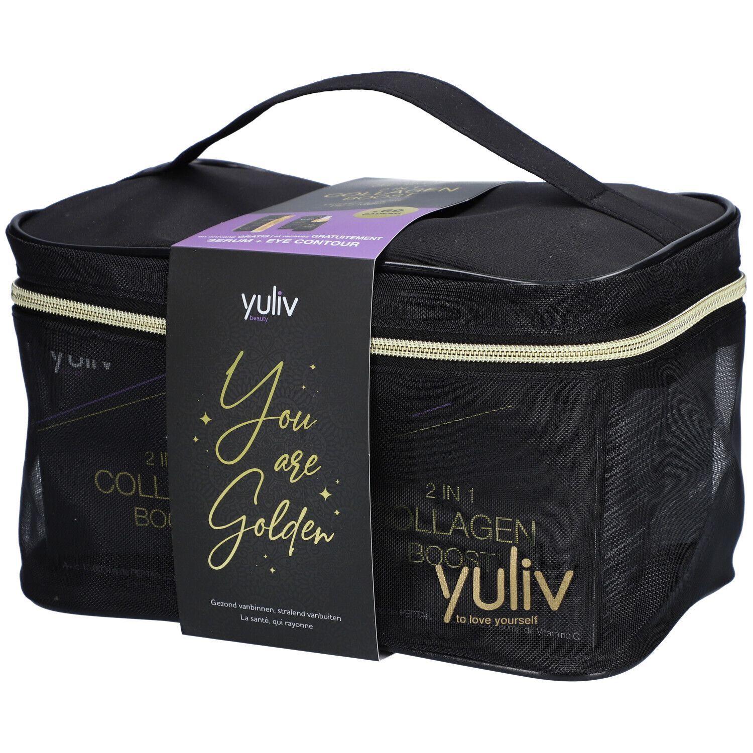 Zwarte make-uptas met handvat. Opschrift 'yuliv' en '2 in 1 Collagen Boost'. Label met 'You are Golden'.