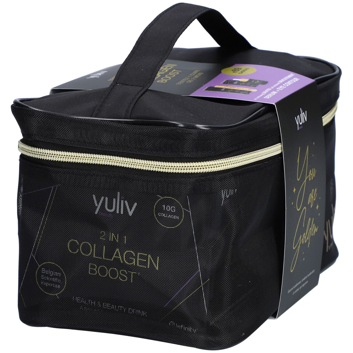Zwarte make-uptas met handvat. Opschrift 'yuliv' en '2 in 1 Collagen Boost'. Bevat 10G collageen.