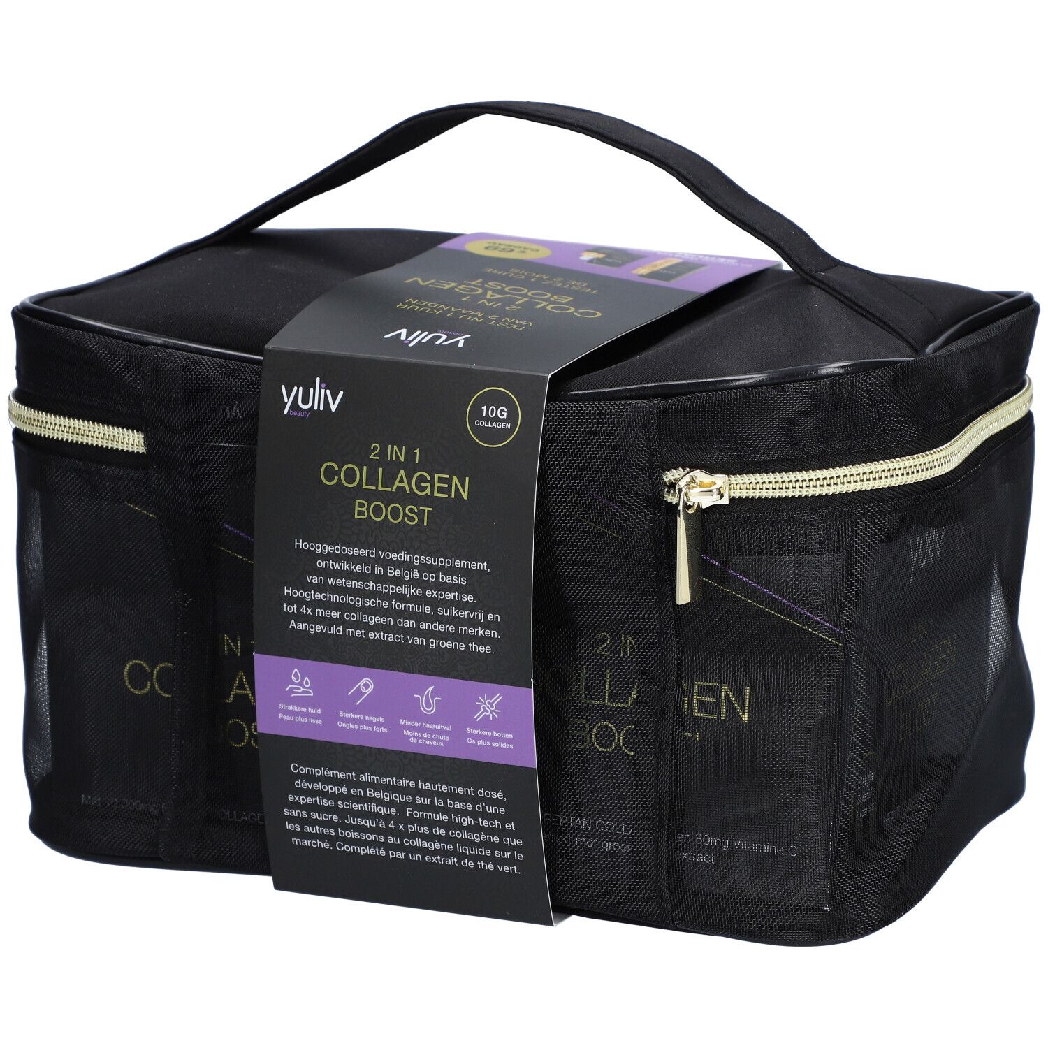 Zwarte make-uptas met handvat. Opschrift 'yuliv' en '2 in 1 Collagen Boost'. Bevat 10G collageen.