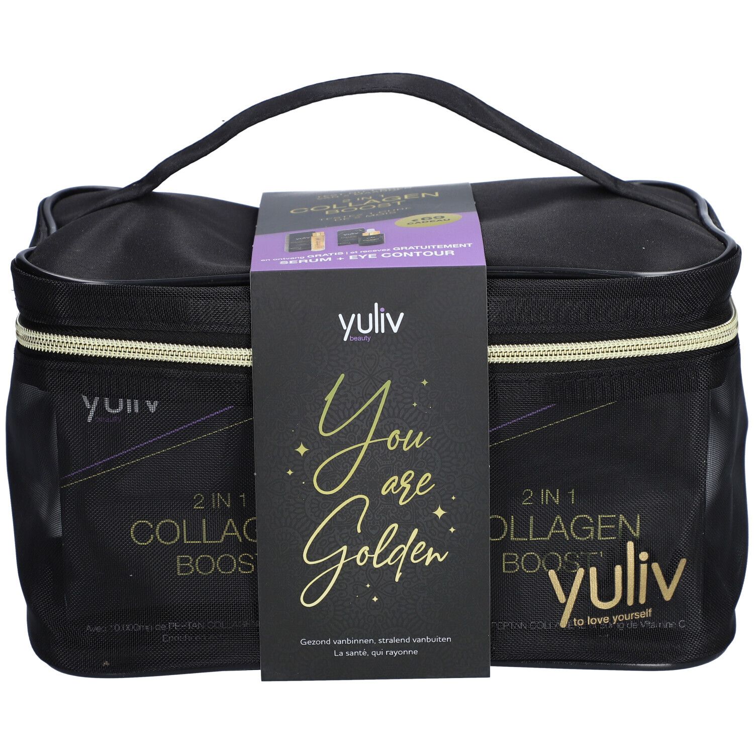 Zwarte make-uptas met handvat. Opschrift 'yuliv' en '2 in 1 Collagen Boost'. Label met 'You are Golden'.