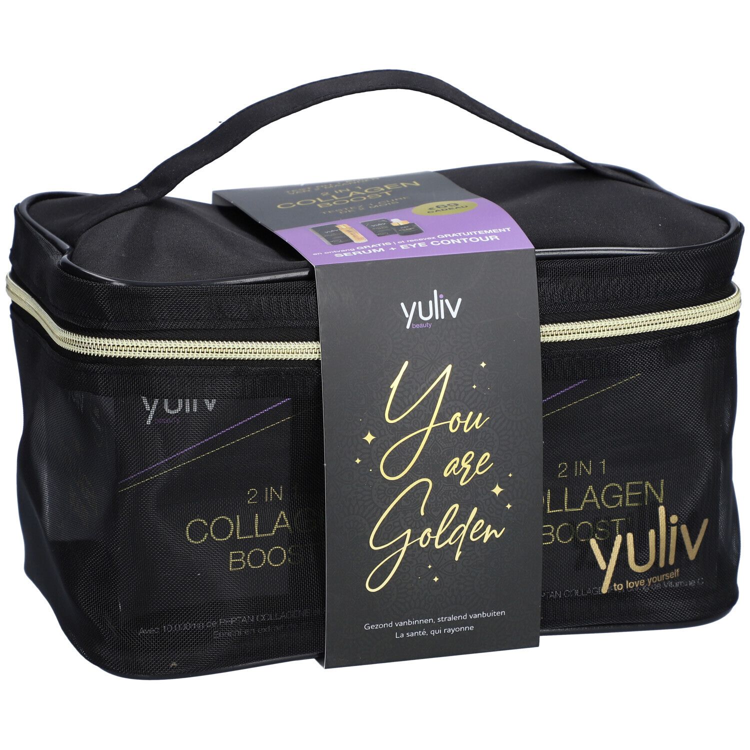 Zwarte make-uptas met handvat. Opschrift 'yuliv' en '2 in 1 Collagen Boost'. Label met 'You are Golden'.