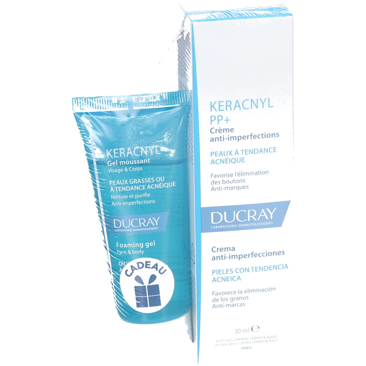 Blauwe en witte tube en doos. Op de tube staat "KERACNYL Gel moussant". Op de doos staat "KERACNYL PP+ Crème anti-imperfections".
