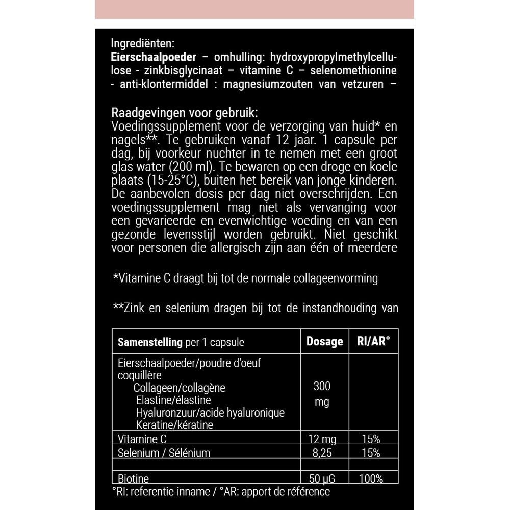 Dos de l'emballage CollagixX BEAUTY. Informations sur les ingrédients, l'utilisation et les valeurs nutritionnelles.