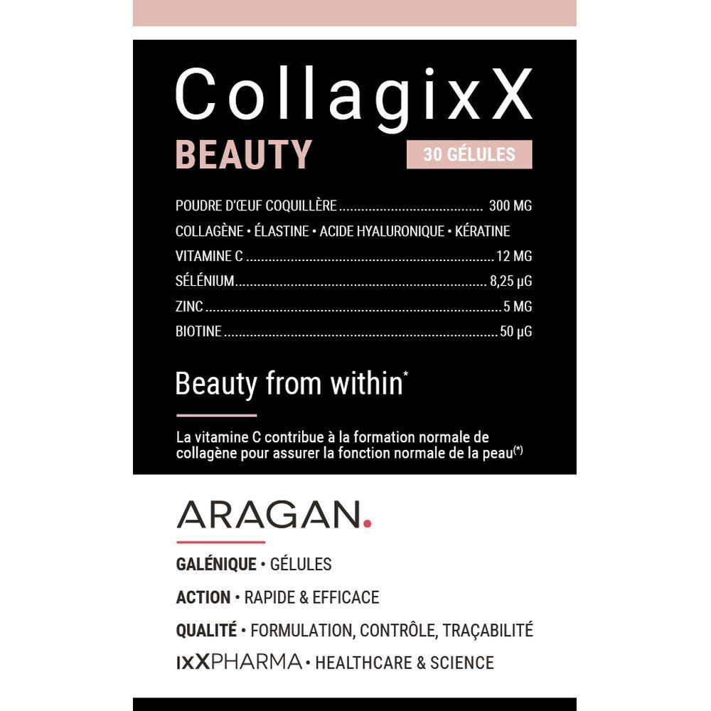 Face avant de l'emballage CollagixX BEAUTY. Contient 30 gélules. Nom du produit et ingrédients.